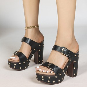 Sandales à talons pour femmes, plateforme, talon épais, bout ouvert, boucle décorative, couleur unie, doublure en cuir véritable, talon haut 3-5 cm - Product Image 4