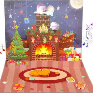 Manufacturer musical christmas 3d pop up cards animated Santa Christmas gift greeting cards with music & lights