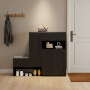 Modern 2-in-1 Black <b>Shoe</b> Cabinet Storage <b>Bench</b> With Arched Design For Living Room Furniture Home Use - Product Image 2