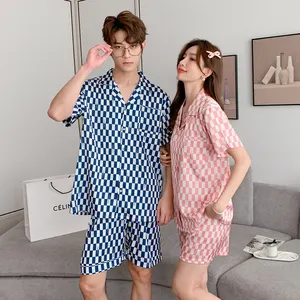 Летняя атласная ночная рубашка для пар с коротким рукавом мужская пижама с отворотом из вискозы ночной дизайн pj комплект для женщин одежда для сна