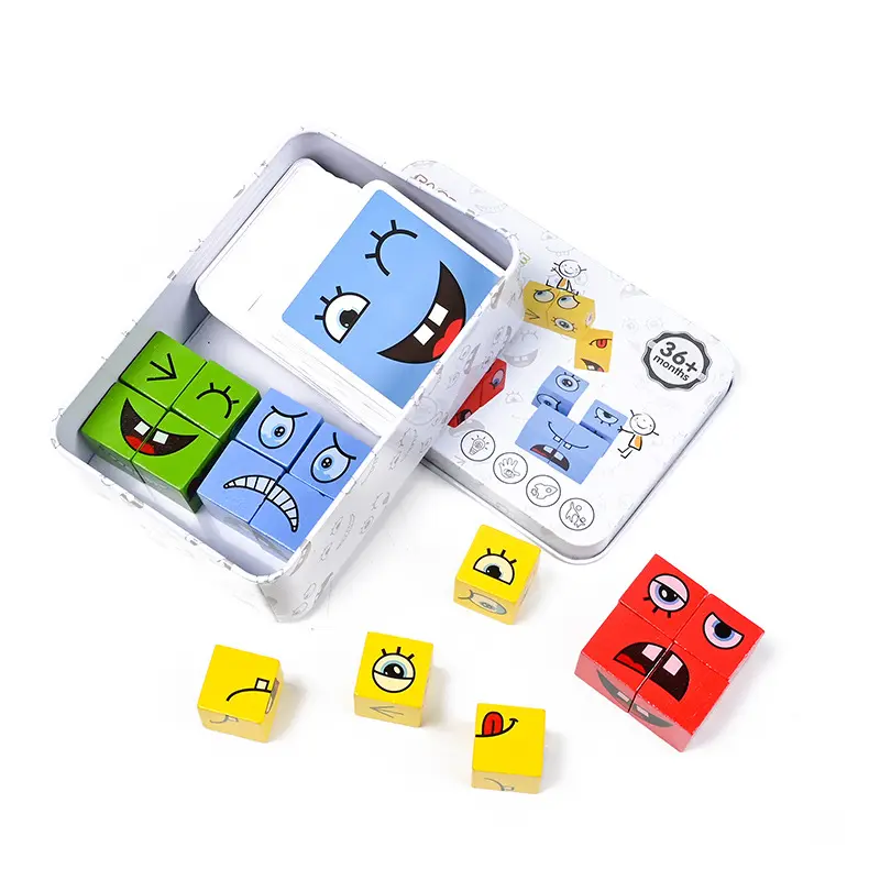 Hot Sale Wooden Early Education Fun Face-Changing Expression Building Blocks Puzzle Cube Toys