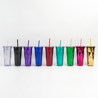 Gobelet à boisson portable en plastique AS transparent à double paroi de 20 oz, personnalisé avec impression de logo sur mesure du fabricant, avec paille et couvercle