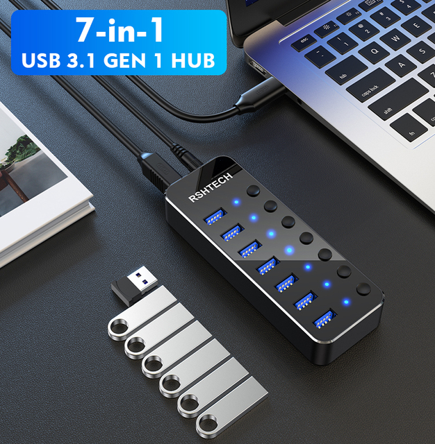 RSHTECH Plug&Play USB Splitter 5V/2A RSH-518 Power Adapter Individual On/Off Switches 7 Port Powered USB 3.0 Hub for PC Macbook