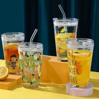 Bouteille en verre personnalisée de 450 ml, tube droit, élégante, transparente, avec paille, pour boissons, carafe tendance pour le camping, à boire directement