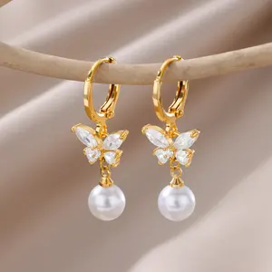 Imitation Pearl Earrings For Women Stainless Steel Geometric Hoop Pearl Earring Wedding Bridesmaid FashionJewelry Gift 2024