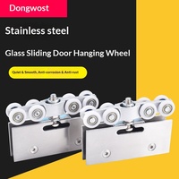 Roda Gantung Pintu Geser Kaca, Penjepit Pintu Kaca Stainless Steel 8 Roda, Roda Tugas Berat untuk Kaca Tanpa Bingkai
