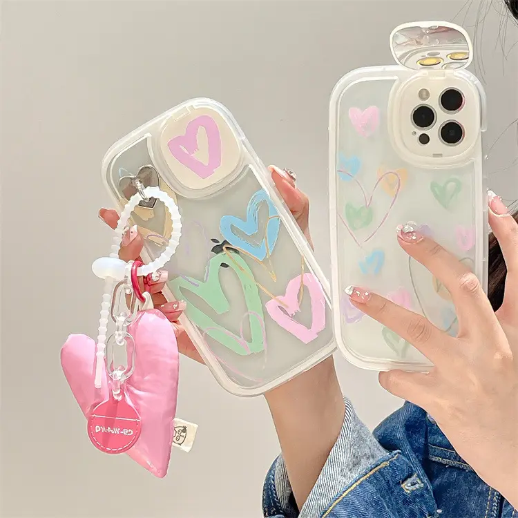 New Fashion Korean Style Kawaii Cute Heart Case with Mirror Filp Bracket Make up for iPhone 14 Pro Max Case with Stand And Chain
