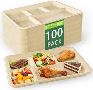 <span class=keywords><strong>Plateau</strong></span> alimentaire jetable 100 % biodégradable et compostable, compatible micro-ondes, en bagasse de canne à sucre, à <span class=keywords><strong>5</strong></span> <span class=keywords><strong>compartiments</strong></span>, pour restaurant - Product Image 1
