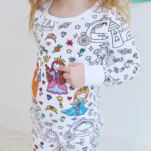 Unisex Children Sleep Wears Custom Cotton Home Sleeping Clothes Kids Bamboo Marker DIY Drawing Graffiti Colouring Pajamas Set