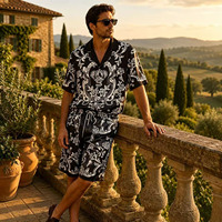 D.T.DK Mode Homme Décontracté Tissé Satiné 2 Pièces Imprimé 3D Respirant Séchage Rapide Chemise Manches Courtes et Short Printemps Été Streetwear