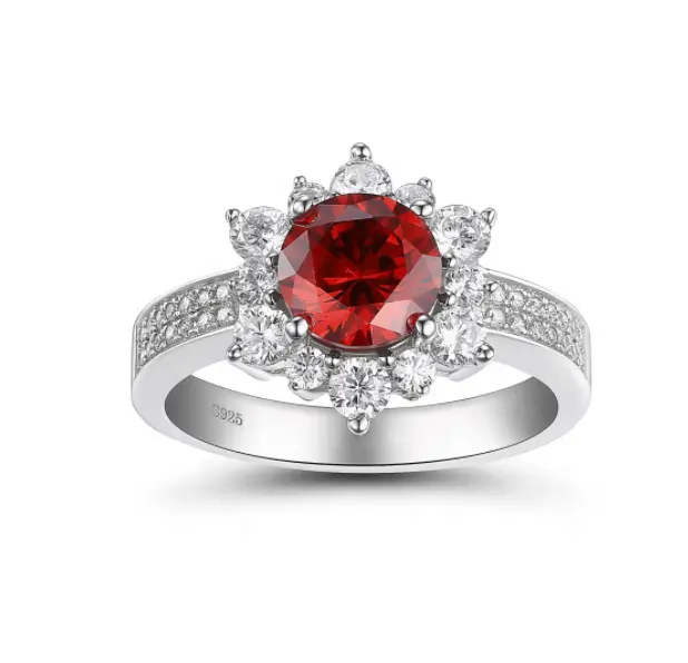 Cubic Zircon Halo Round Shape Red Garnet Jewelry 925 Sterling Silver Garnet Engagement Ring