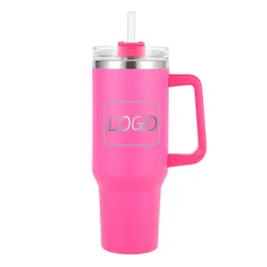 Custom Logo Hot Pink Cup 40oz Tumbler with Handle and Straw Vacuum Insulated Stainless Steel Tumblers Wholesale Bulk