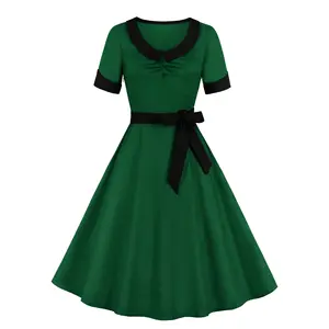 Retro cotton rockabilly dresses VM2112# solid color 50s womens dresses rockabilly clothing