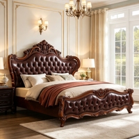 Lit de luxe européen en cuir véritable bordeaux, capitonné, avec tête et pied de lit sculptés en bois, mobilier de chambre à coucher en gros
