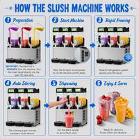 Machine à slush professionnelle 3 réservoirs 15L avec système de refroidissement à tube en cuivre, pour cocktails glacés et margaritas, en acier inoxydable