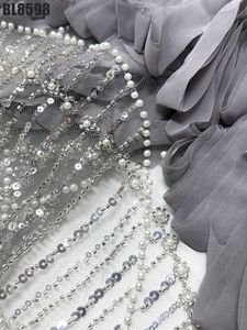 골드 웨딩 드레스 메쉬 원단 100% 폴리에스터 통기성 봄 여름 고급 모던 스트라이프 비즈 튜브 스팽글 - Product Image 5