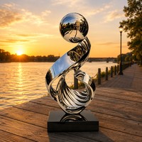 Escultura de Acero Inoxidable Pulido con Temática de Animales y Música, con Esfera de Espejo sobre Cintas Entrelazadas - Regalo para el Día Nacional y Navidad
