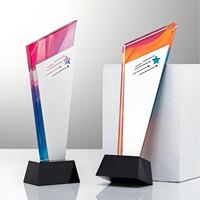 Trophée en cristal personnalisé pour récompense de service noble avec panneau dégradé coloré et base en cristal noir pour reconnaissance