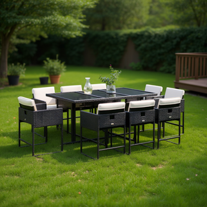 Ensemble de salle à manger de jardin en polyrotin noir avec coussins, 10 places, mobilier d'extérieur contemporain, structure en métal - Product Image 2