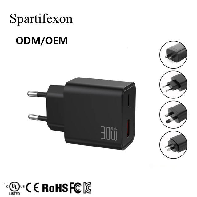 30W GaN Fast Charger USB-C PD 3.0 USB-A Ports QC3.0 Fireproof Protection Universal AC 100-240V for Mobile Phones Tablets Smart
