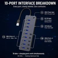 Hub USB de 10 Puertos con Interruptores Individuales, 5Gbps USB 3.0, Alimentación por CC 12V 4A, Aluminio, Plug and Play para Computadoras Windows, Mac y Linux
