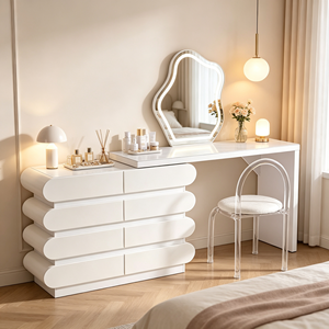 Ensemble de coiffeuse moderne avec miroir éclairé, armoire blanche et chaise en acrylique, table de maquillage pour chambre à coucher - Product Image 1