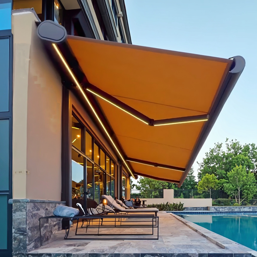 2026 New Design Luxury Swimming Pool Umbrella Electric Retractable Awning Remote Control Full Cassette Aluminum Alloy Frame