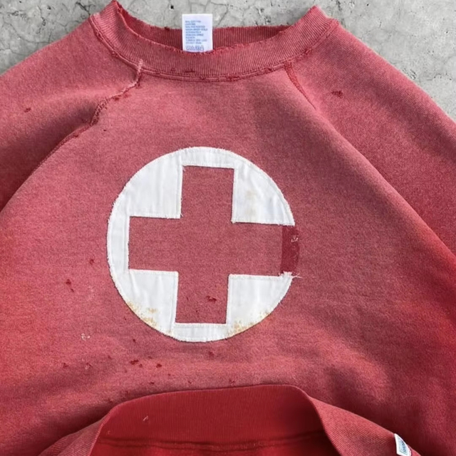 Custom Heavyweight Streetwear Red Vintage Wash Pullover Sun Faded Embroidery Acid Washed Distressed Crewneck Loose Sweatshirt