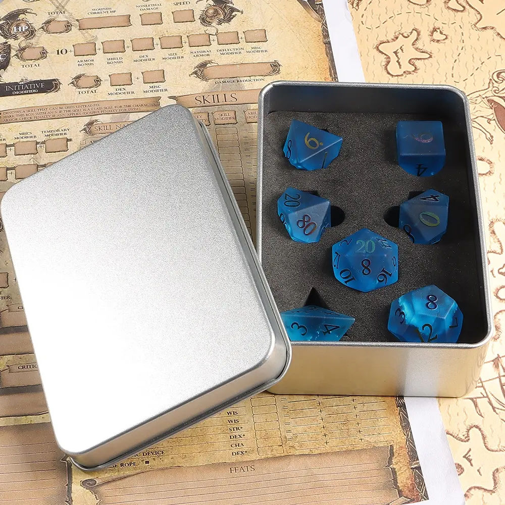 Professionelle hochwertige Dungeons and Dragons Frosted Ocean Blue Cracked Gem Dice DND Gemstone RPG Polyhedron-Spiel-Tanzset