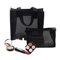 Sac à cosmétiques en maille noire personnalisé avec fermeture éclair et poignée, pochettes de voyage pour femme