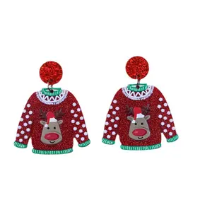 New Cute Elk Santa Claus Christmas Tree Snowman Clothing Jewelry Vintage Polynesian Earrings Acrylic Sweater Earrings