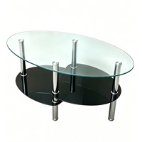 Table basse en verre ovale moderne avec plateau en verre trempé, étagère de rangement à 2 niveaux, pieds chromés, table centrale pour salon, appartement