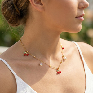 Collier ras du cou en émail cerise et perles, plaqué or 18 carats, en acier inoxydable anti-ternissement, bijou délicat et élégant pour <span class=keywords><strong>le</strong></span> cou - Product Image 1