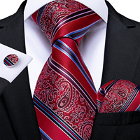 Dasi Sutra Merah Pria Motif Paisley 3D Kasual Jacquard 8cm untuk Pesta Pernikahan Bisnis, Sapu Tangan Saku, Kancing Manset, Hadiah Grosir