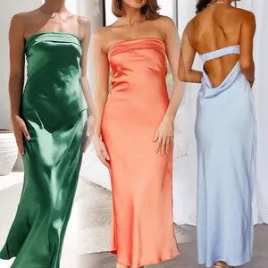 Summer ladies clothes dresses women lady elegant solid color wrap elastic backless knitted satin sexy party women's casual dress