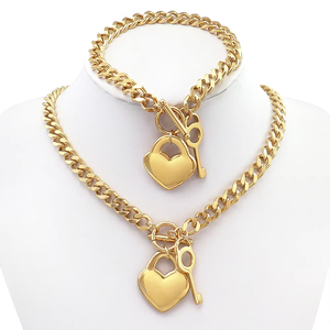 Cadena para hombre tono dorado doble Curb Cuban Link <span class=keywords><strong>Rombo</strong></span> Boys 316L Acero inoxidable llave corazón collar pulsera - Product Image 6