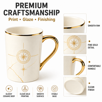 Mug à café en céramique blanche de luxe avec anse dorée et motif géométrique boussole, idéal pour cadeau haut de gamme, OEM, ODM, vente en gros personnalisée