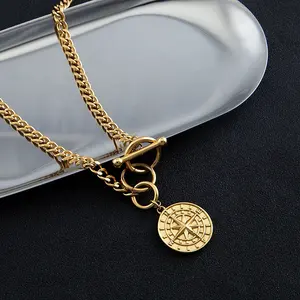 Globe Travel Jewelry Gold Plated Cuban Chain With Disc Compass Coin Pendant Necklace Unisex