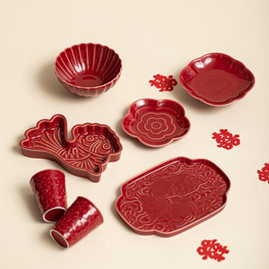 Ceramic Red Engagement Tea And Snack Plate Set Chinese Style Fruit Dish Porcelain Tray For Wedding Table Display - Product Image 2