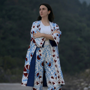 Casual And Relaxed Occasions Suzani Embroidered White Handwoven Women's Cotton Jacket & Pant Cord <b>Set</b> With Pocket & Flare Sleeve - Product Image 1