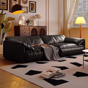 French Retro Elephant Ear <b>Leather</b> <b>Sofa</b> Brown Vintage Style One Line Upholstered Living Room <b>Sofa</b> - Product Image 4