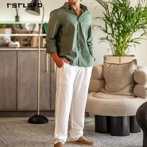 Men Linen Cotton Blend Long Sleeve Shirt Solid Green Classic Turn Down Collar Button Up <b>Chest</b> Pocket Casual Breathable Top - Product Image 3
