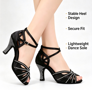 Zapatos de Baile Latino para Mujer, Cómodos, Color Rosa Nude, Satinados, Punta Abierta, Correa en el Tobillo, para Salsa, <span class=keywords><strong>Bachata</strong></span>, Baile Social, Fiesta, Tacón Alto - Product Image 3