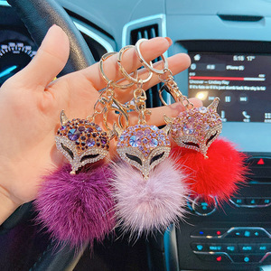 Factory Price Fox Keychain Diamond Inlaid Key Ring Mink Hair Ball Alloy Key Chain Fashion Bag Plush Toy Pendant Keyring