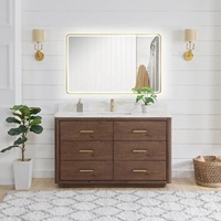 Meuble-lavabo de salle de bain moderne personnalisé avec plan de travail en dalle de roche, lavabo en céramique, design à panneau plat, panneau en mélamine résistant à l'eau