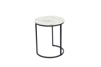 Ensemble de 2 tables basses gigognes modernes rondes en bois marbré blanc, table d'appoint, cadre en métal noir, plateau ovale blanc et pied noir