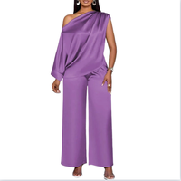 Ensemble de mode transfrontalier en satin pour femme avec haut à col asymétrique et pantalon de style décontracté
