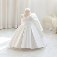Gaun Bayi Perempuan Formal Satin Asimetris dengan Pita Besar dan Lipit, Gaun Pesta Pernikahan untuk Balita, Gaun Ulang Tahun, Grosir