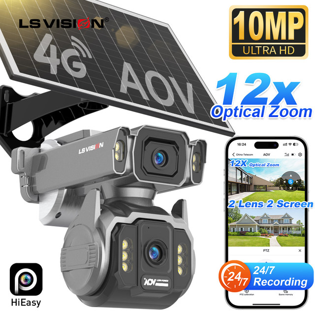 LS VISION 24/7 Video Recording 12X Optical Zoom Solar Outdoor Surveillance Camera 4G SIM Dual Screen Aov Ai Humanoid Tracking