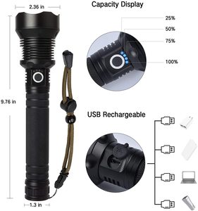 Mạnh mẽ 100000 lumen dẫn Đèn pin <span class=keywords><strong>zoom</strong></span> <span class=keywords><strong>Torch</strong></span> XHP70 18650 26650 USB có thể sạc lại cơ thể hợp kim nhôm không thấm nước màu đen - Product Image 2